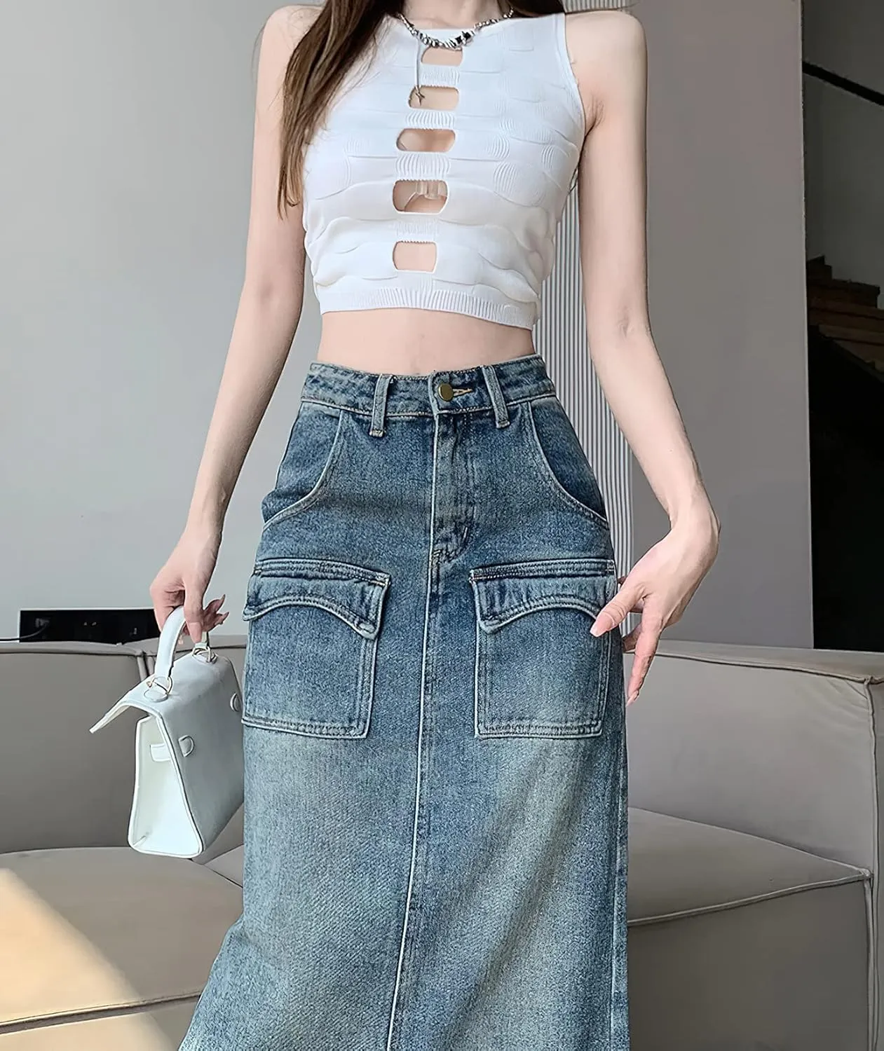 Denim Maxi Skirt with Slit for Women High Waist Casual Long Cargo Jean Skirt with Pockets
