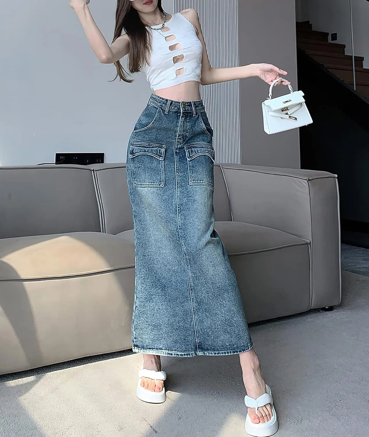 Denim Maxi Skirt with Slit for Women High Waist Casual Long Cargo Jean Skirt with Pockets