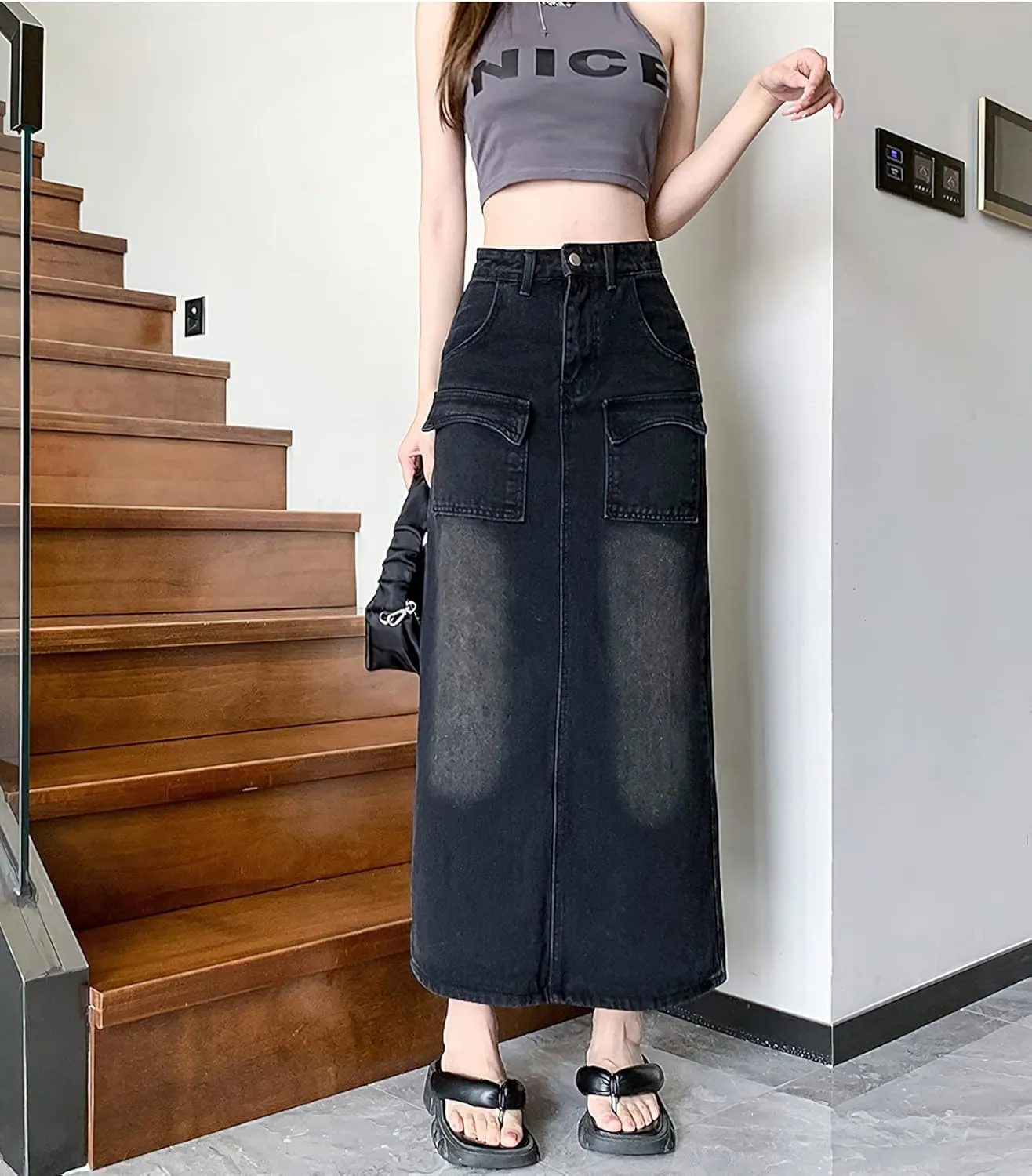 Denim Maxi Skirt with Slit for Women High Waist Casual Long Cargo Jean Skirt with Pockets