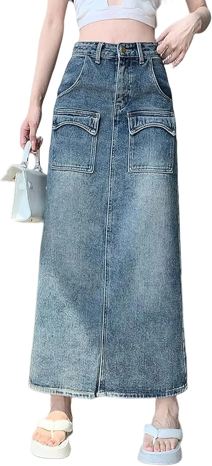 Denim Maxi Skirt with Slit for Women High Waist Casual Long Cargo Jean Skirt with Pockets
