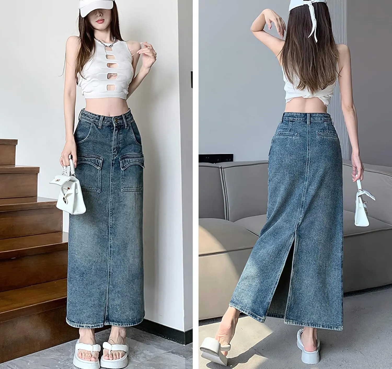 Denim Maxi Skirt with Slit for Women High Waist Casual Long Cargo Jean Skirt with Pockets