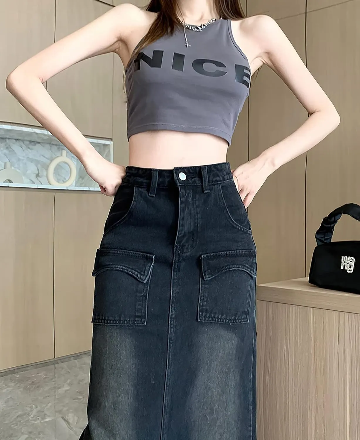 Denim Maxi Skirt with Slit for Women High Waist Casual Long Cargo Jean Skirt with Pockets