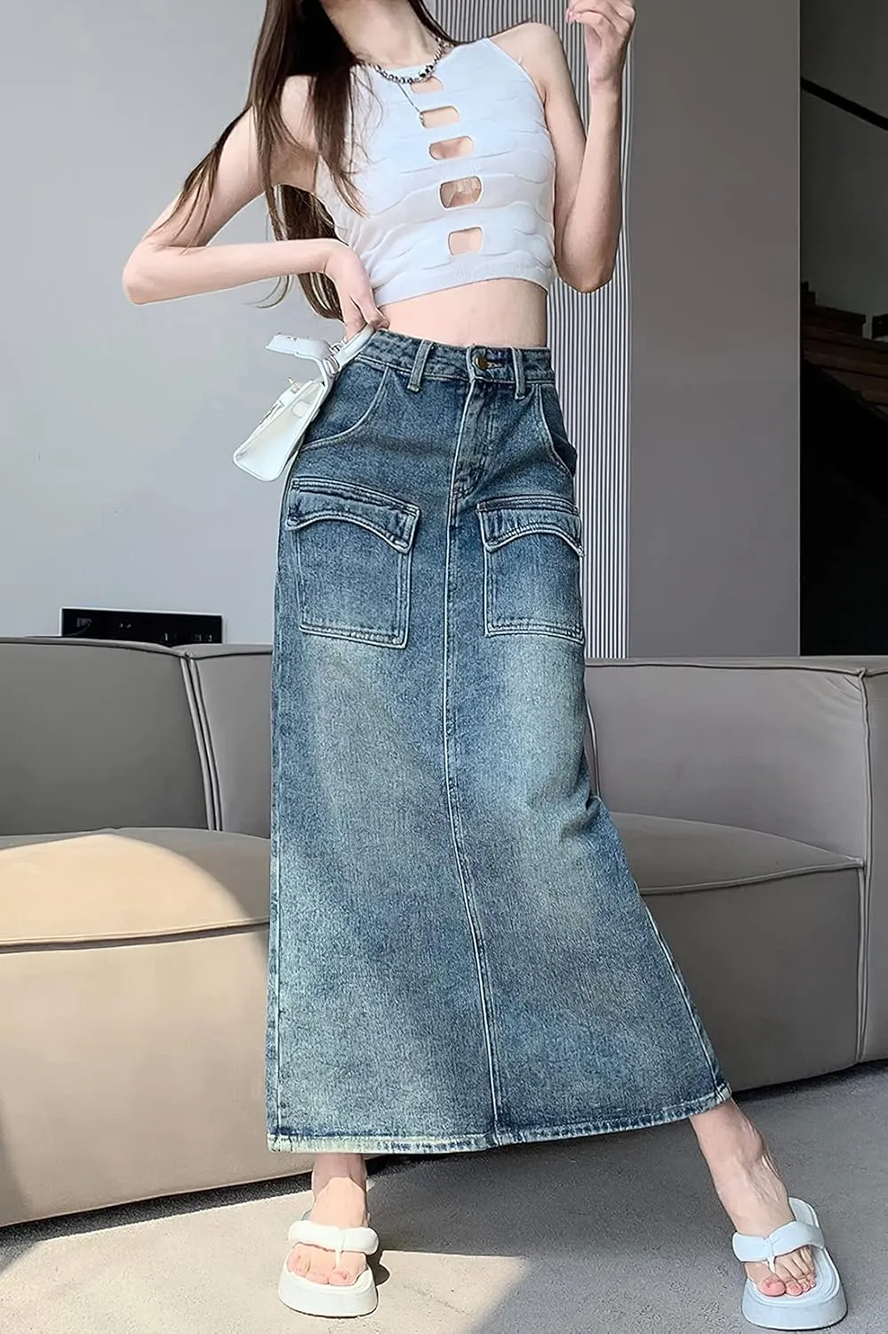 Denim Maxi Skirt with Slit for Women High Waist Casual Long Cargo Jean Skirt with Pockets