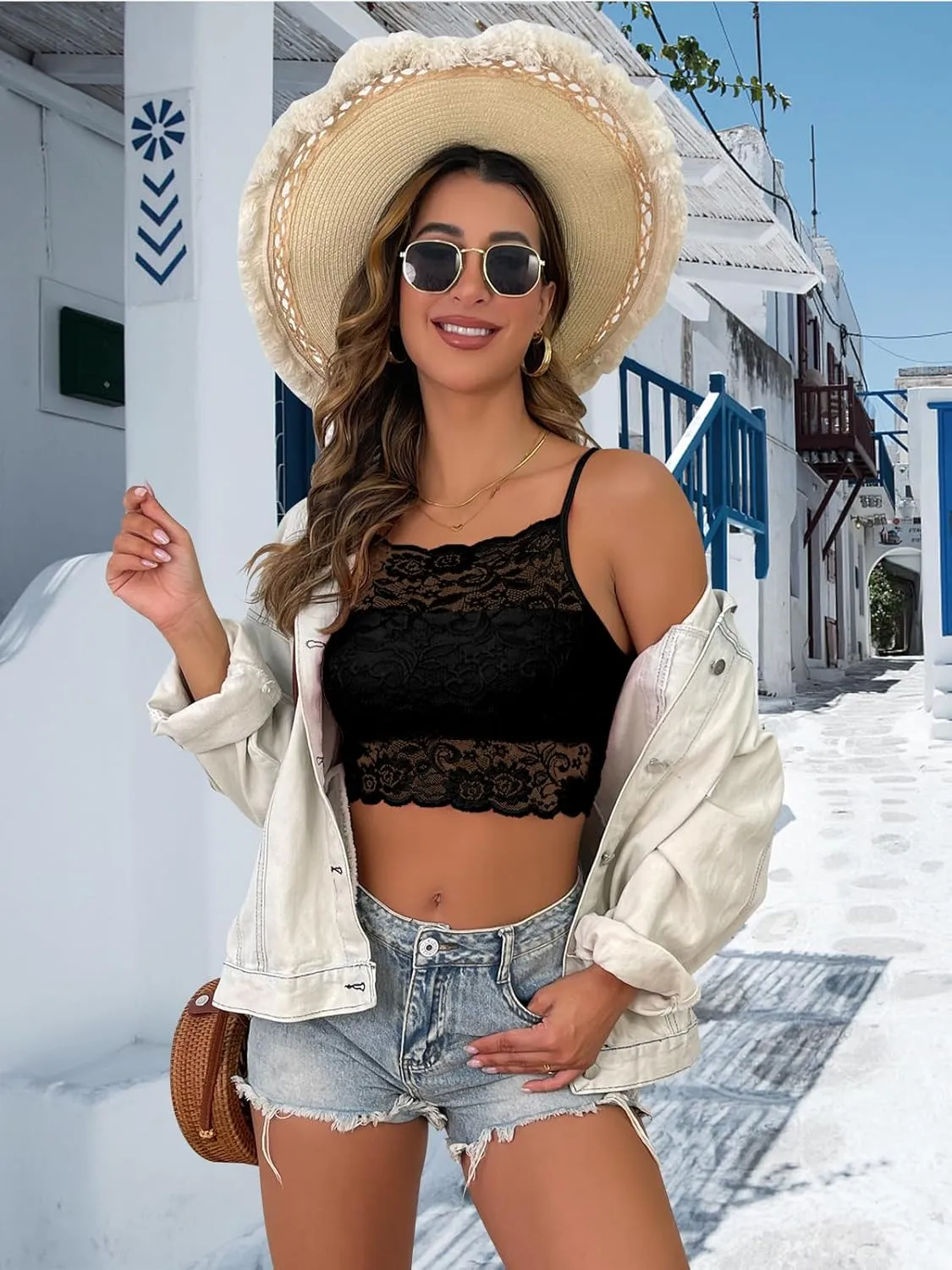 Donnalla 3 Pack Lace Bralettes Women Camisoles Racerback Adjustable Spaghetti Strap Unpadded Wireless Tube Slim Tank Crop Top