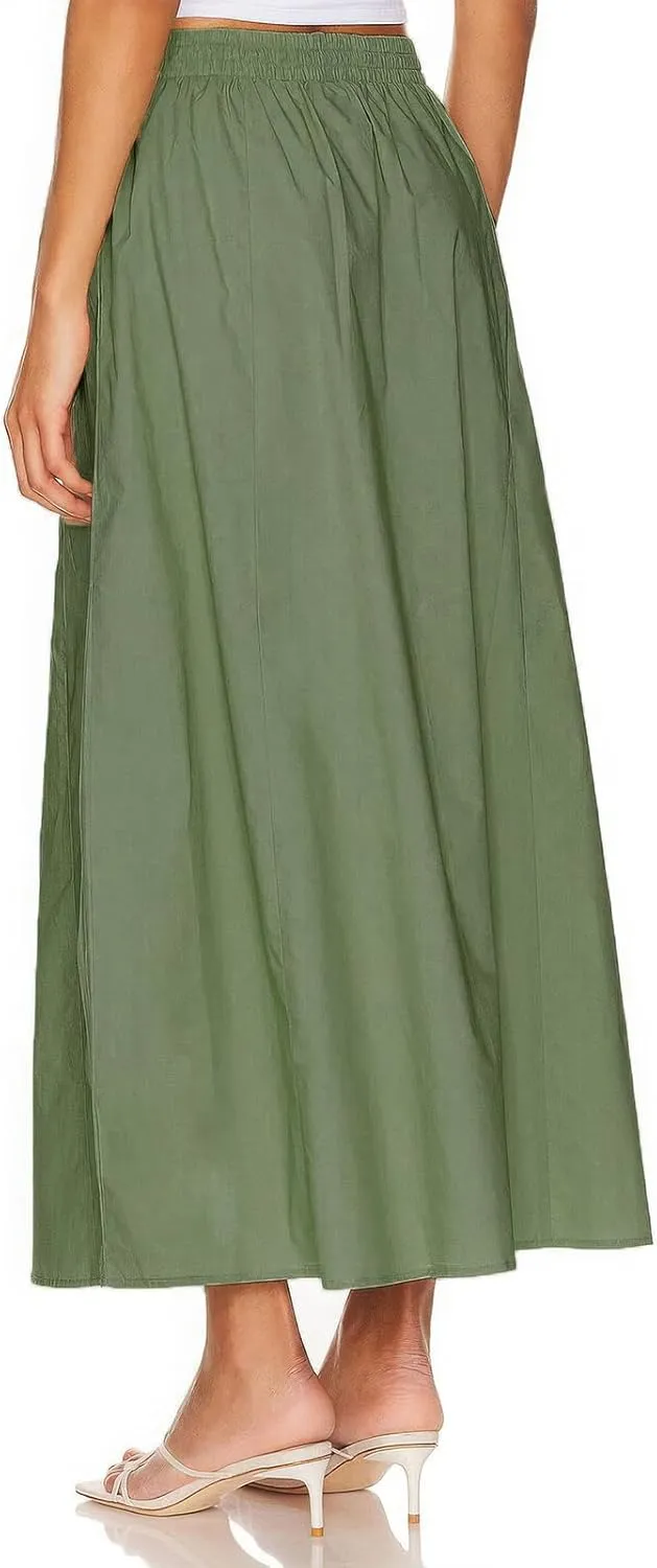 ebossy Women's Casual Long Cotton Skirt High Elastic Waist Side Slit A-line Maxi Skirts with Pockets