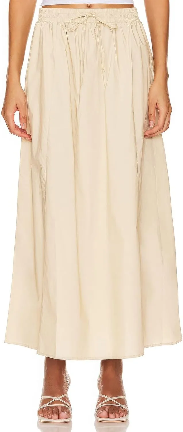 ebossy Women's Casual Long Cotton Skirt High Elastic Waist Side Slit A-line Maxi Skirts with Pockets