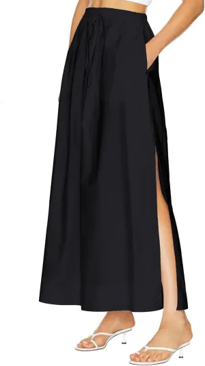 ebossy Women's Casual Long Cotton Skirt High Elastic Waist Side Slit A-line Maxi Skirts with Pockets