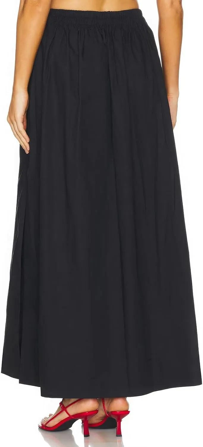 ebossy Women's Casual Long Cotton Skirt High Elastic Waist Side Slit A-line Maxi Skirts with Pockets