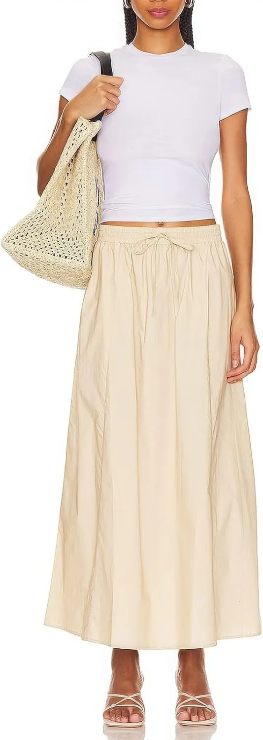 ebossy Women's Casual Long Cotton Skirt High Elastic Waist Side Slit A-line Maxi Skirts with Pockets