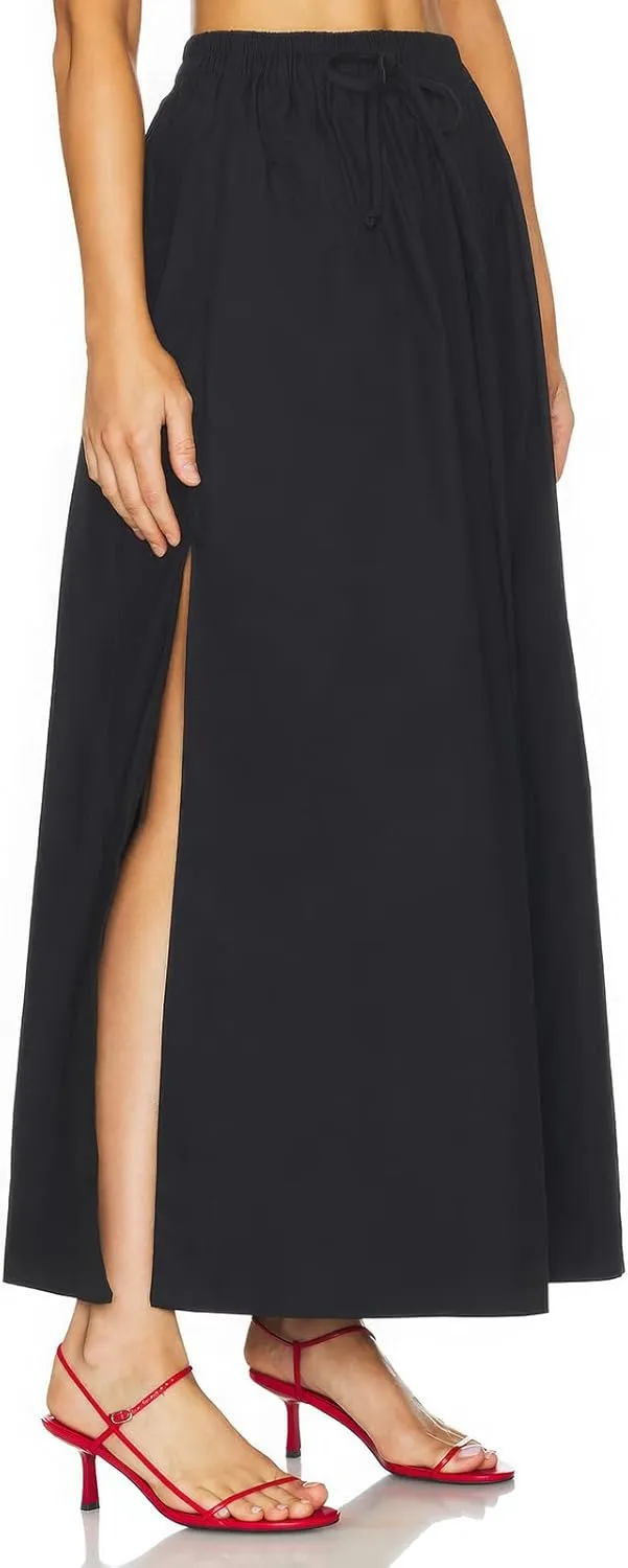 ebossy Women's Casual Long Cotton Skirt High Elastic Waist Side Slit A-line Maxi Skirts with Pockets