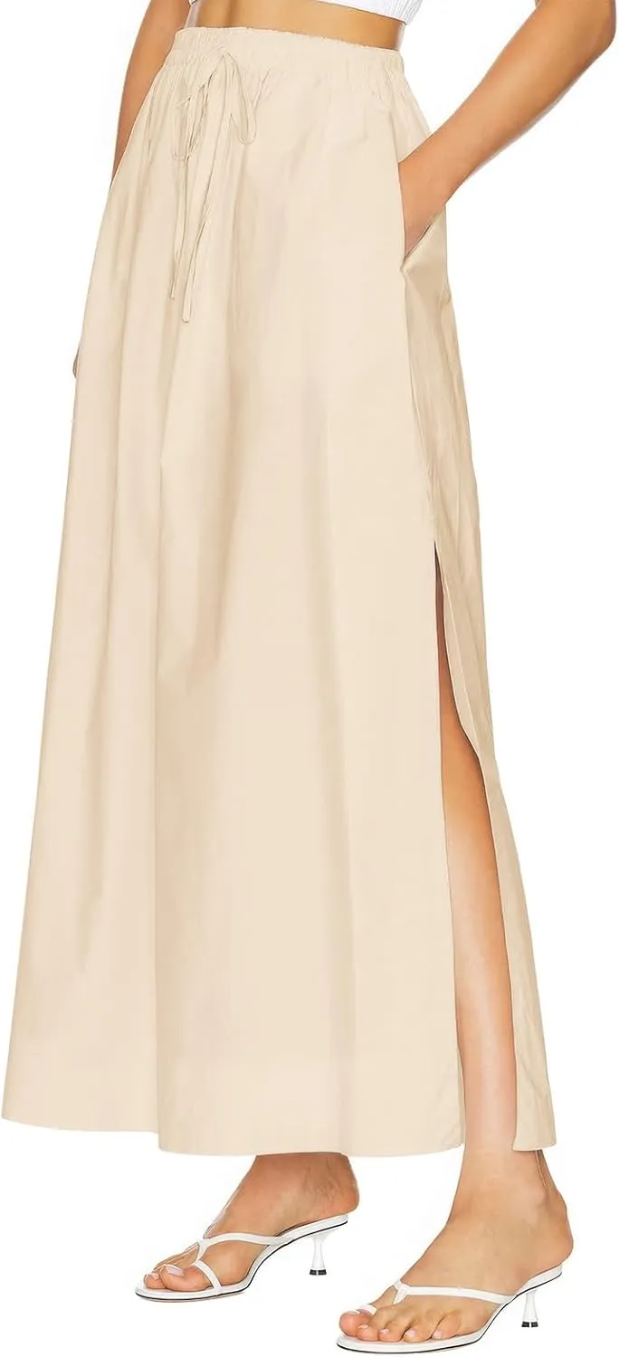 ebossy Women's Casual Long Cotton Skirt High Elastic Waist Side Slit A-line Maxi Skirts with Pockets