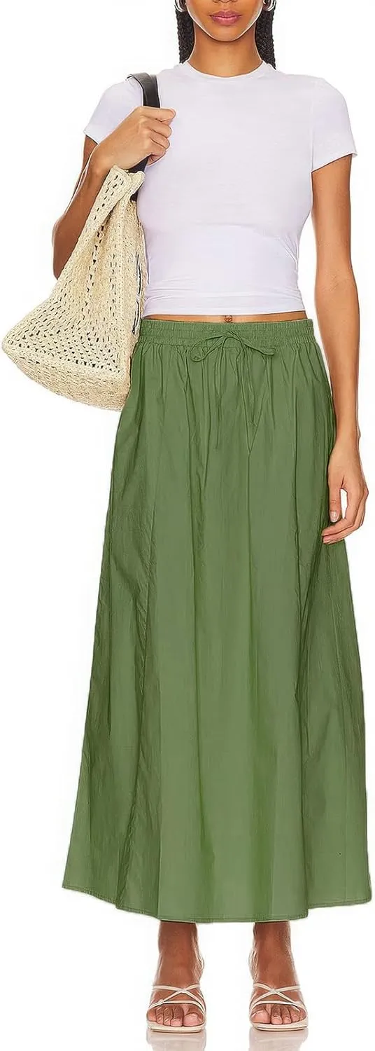 ebossy Women's Casual Long Cotton Skirt High Elastic Waist Side Slit A-line Maxi Skirts with Pockets
