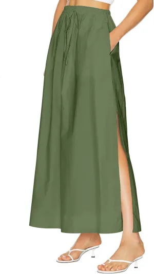 ebossy Women's Casual Long Cotton Skirt High Elastic Waist Side Slit A-line Maxi Skirts with Pockets