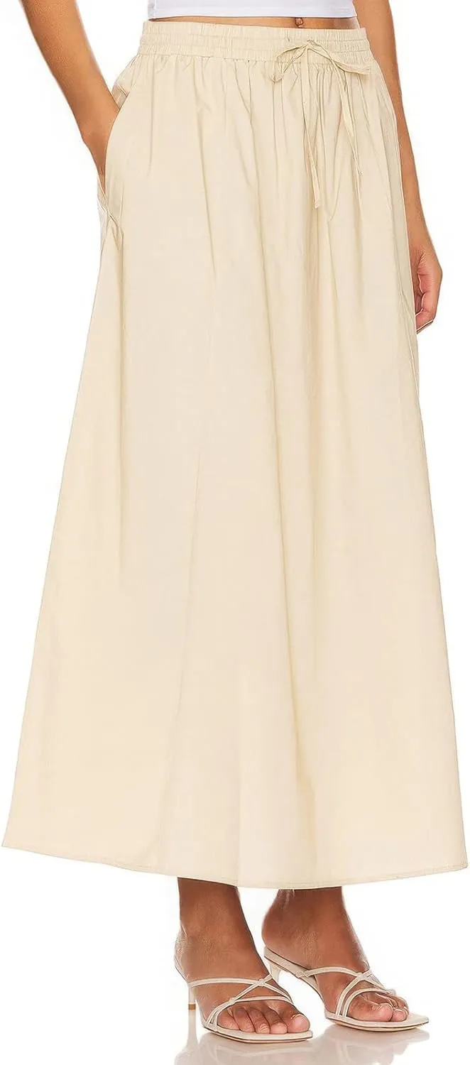 ebossy Women's Casual Long Cotton Skirt High Elastic Waist Side Slit A-line Maxi Skirts with Pockets