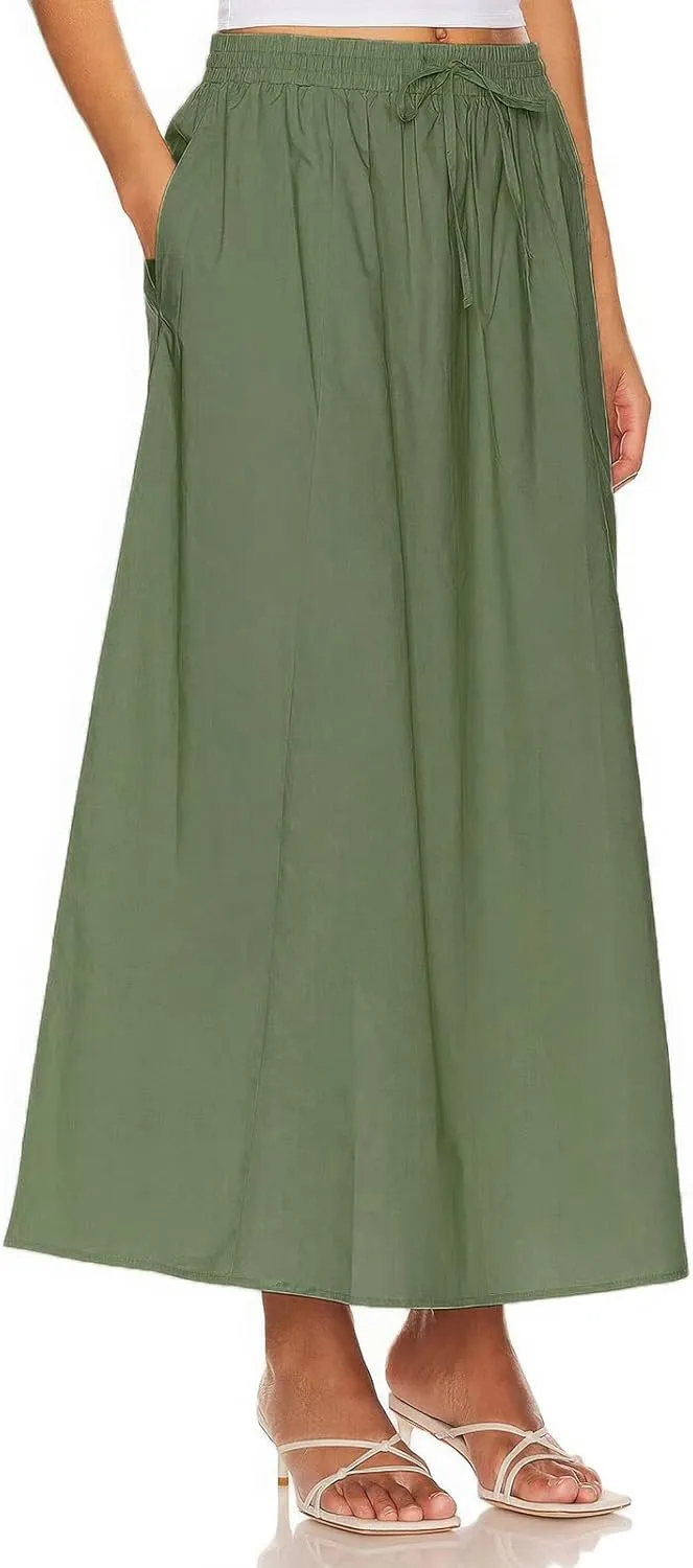 ebossy Women's Casual Long Cotton Skirt High Elastic Waist Side Slit A-line Maxi Skirts with Pockets