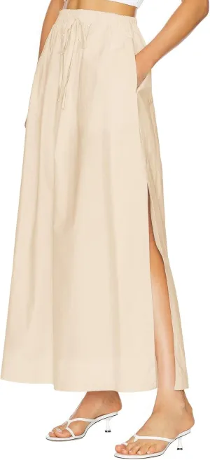 ebossy Women's Casual Long Cotton Skirt High Elastic Waist Side Slit A-line Maxi Skirts with Pockets
