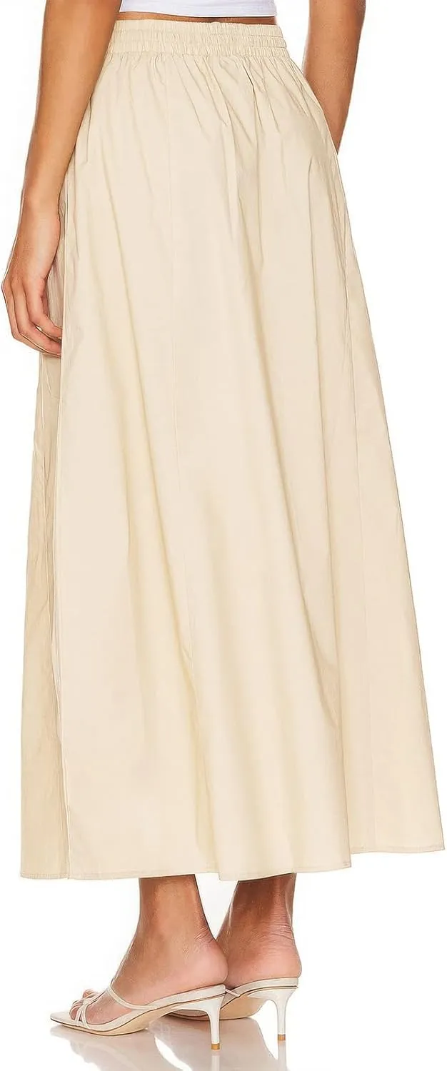ebossy Women's Casual Long Cotton Skirt High Elastic Waist Side Slit A-line Maxi Skirts with Pockets
