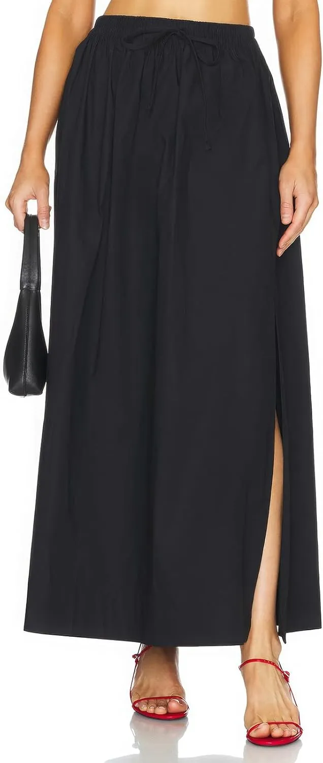 ebossy Women's Casual Long Cotton Skirt High Elastic Waist Side Slit A-line Maxi Skirts with Pockets