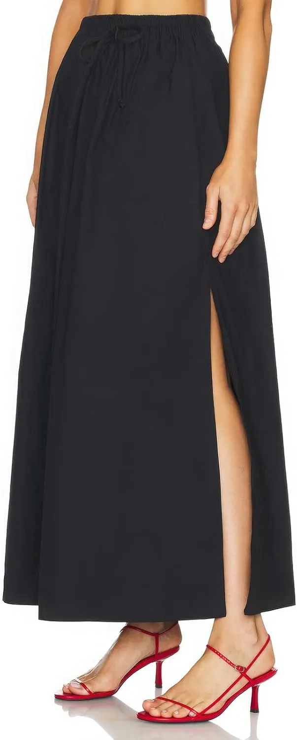 ebossy Women's Casual Long Cotton Skirt High Elastic Waist Side Slit A-line Maxi Skirts with Pockets