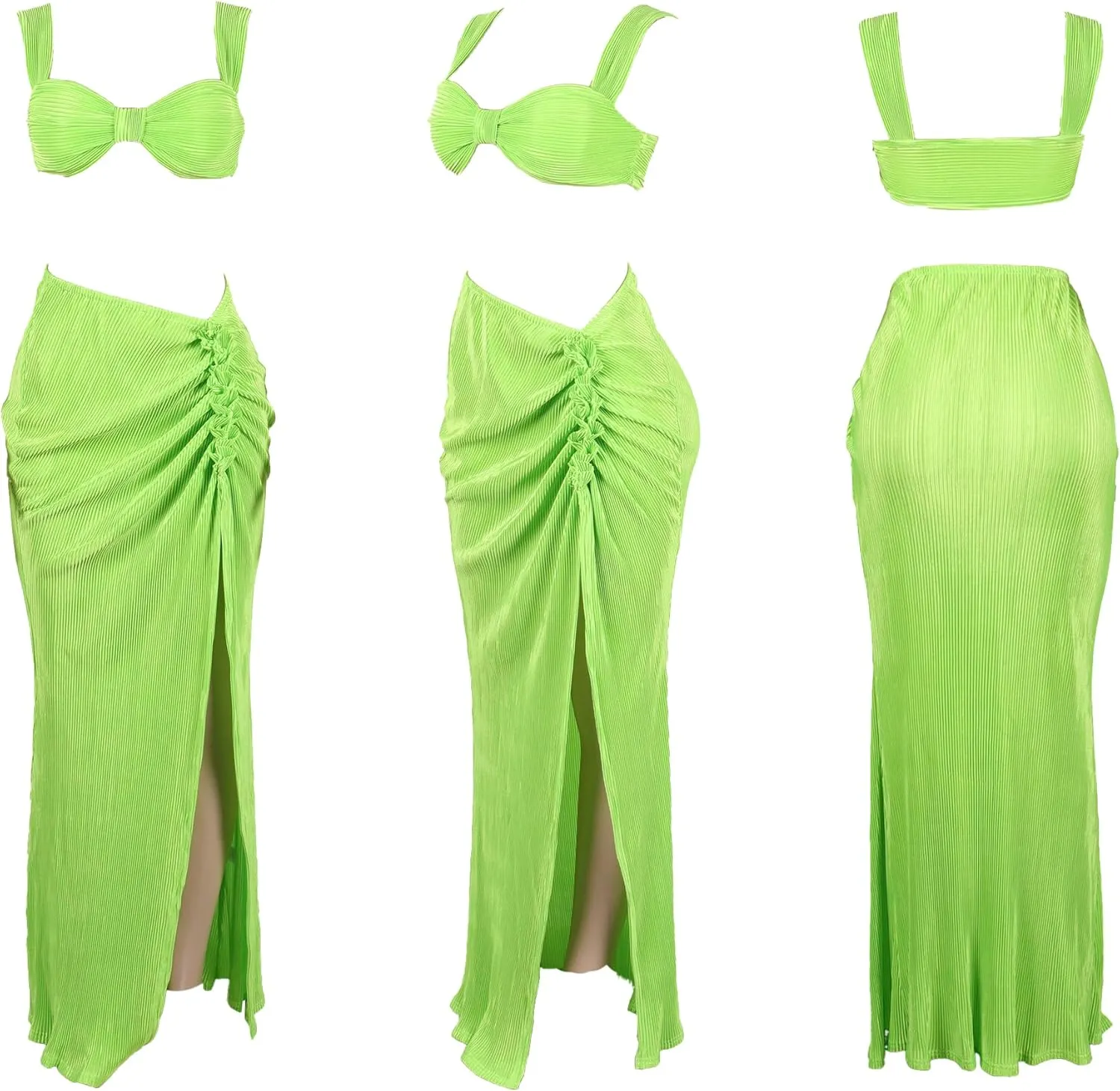 Ecirod Sexy Two Piece Beach Outfits for Women Crop Top Pleated Asymmetrical Slit Maxi Skirt Set