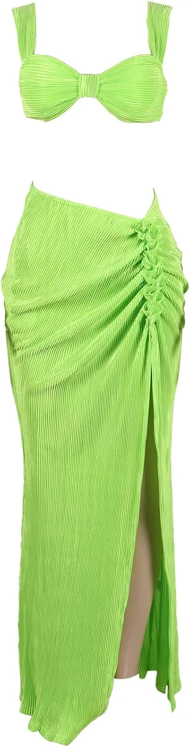 Ecirod Sexy Two Piece Beach Outfits for Women Crop Top Pleated Asymmetrical Slit Maxi Skirt Set