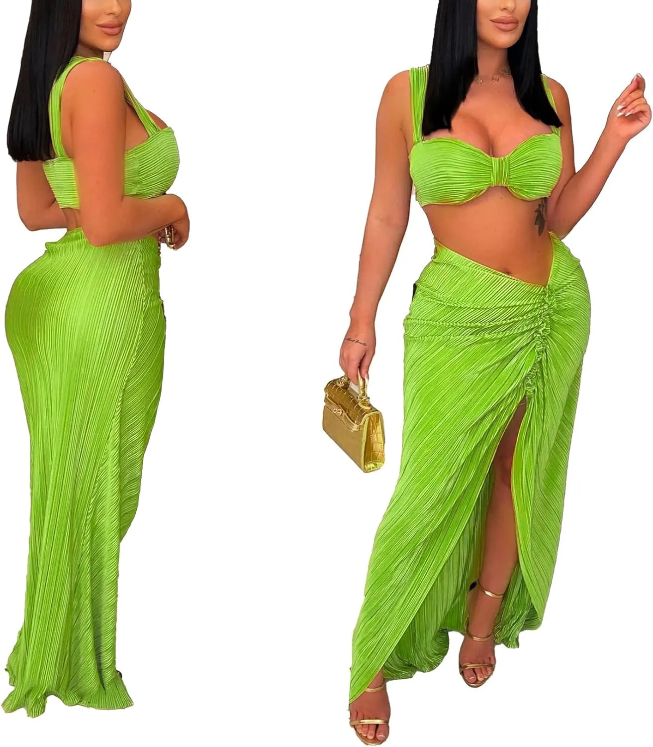 Ecirod Sexy Two Piece Beach Outfits for Women Crop Top Pleated Asymmetrical Slit Maxi Skirt Set