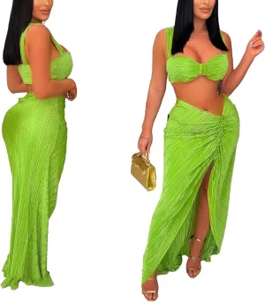 Ecirod Sexy Two Piece Beach Outfits for Women Crop Top Pleated Asymmetrical Slit Maxi Skirt Set