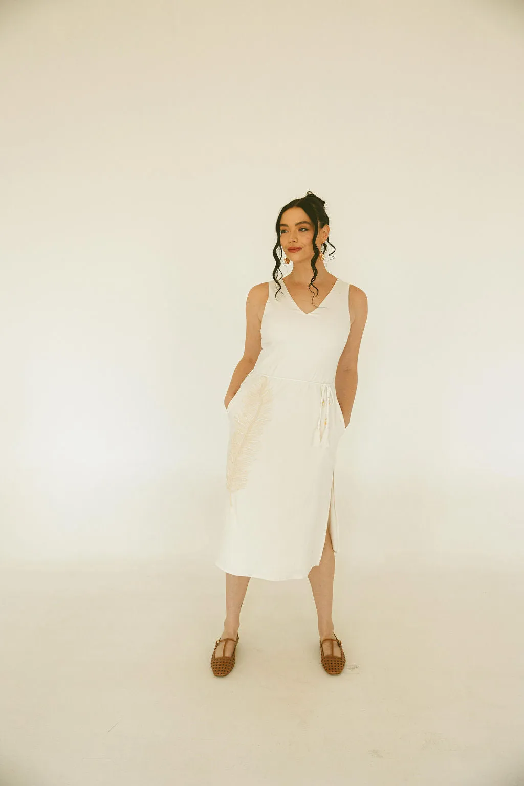 Embroidered Feather Midi Dress
