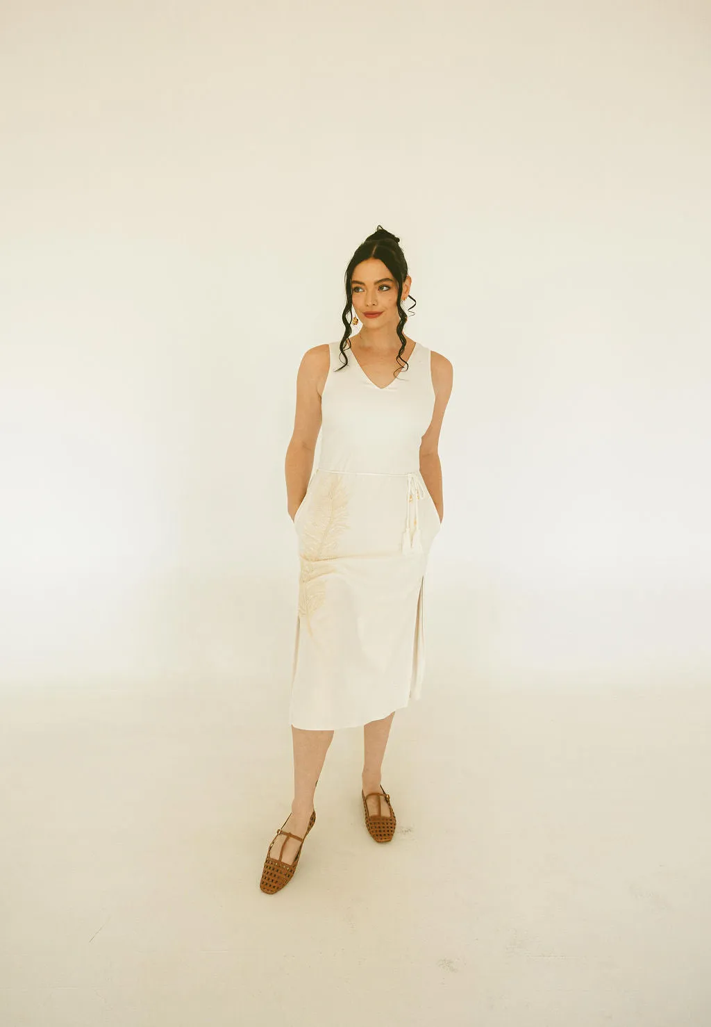 Embroidered Feather Midi Dress