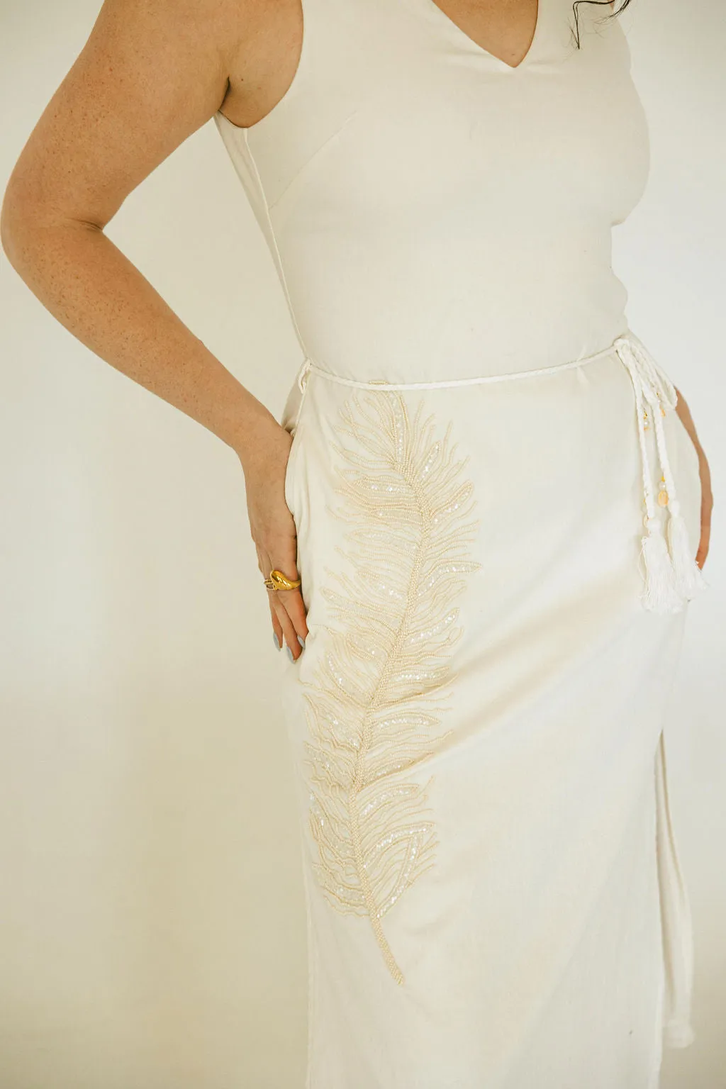 Embroidered Feather Midi Dress