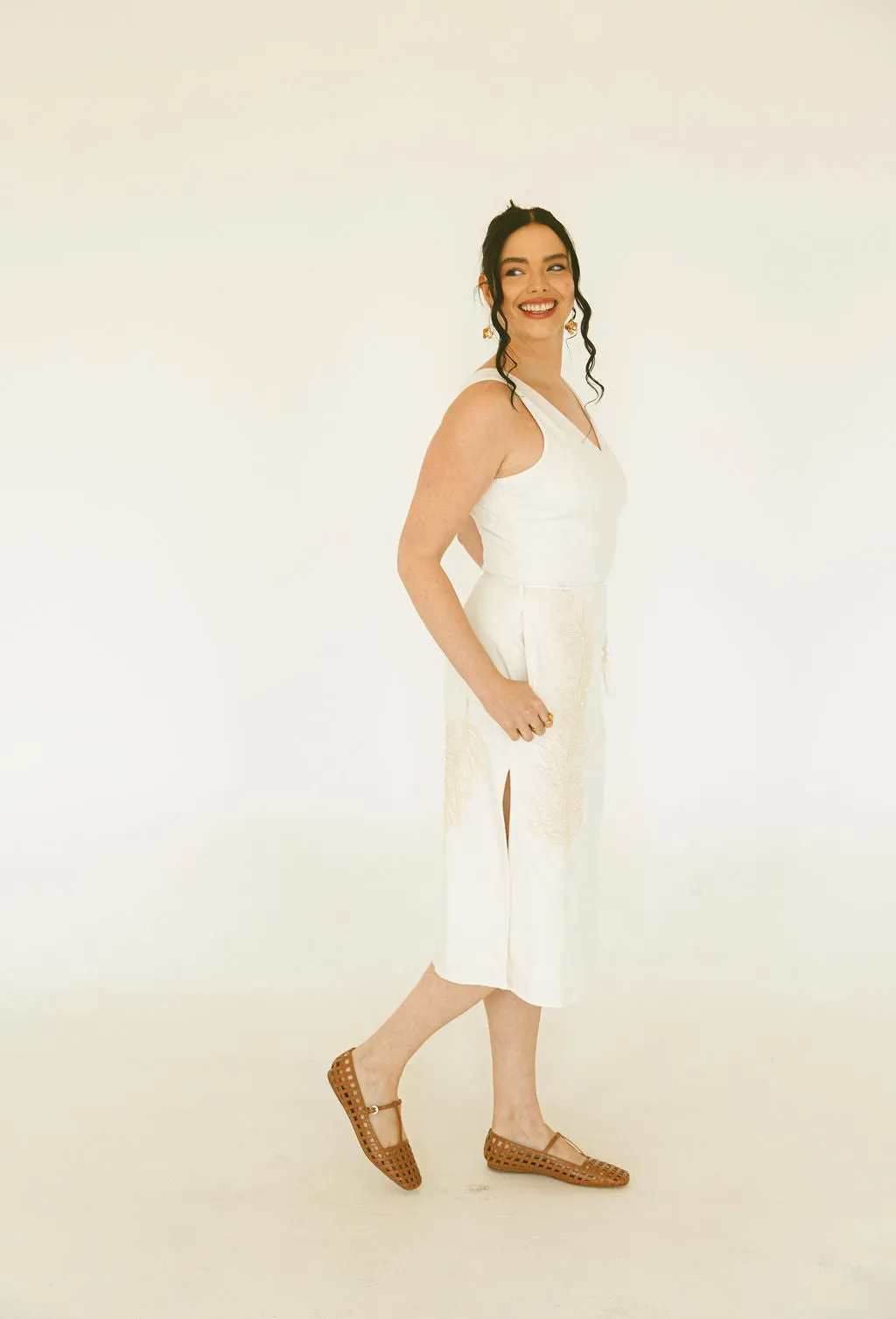 Embroidered Feather Midi Dress