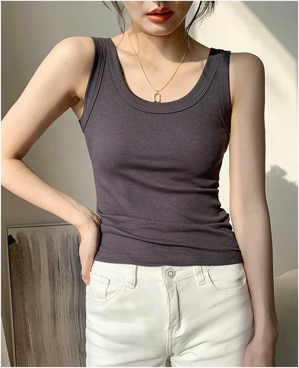 ERFMFKL Rib Knit Tank Top Women Off Shoulder Cropped Basic Shirt Casual Camisole