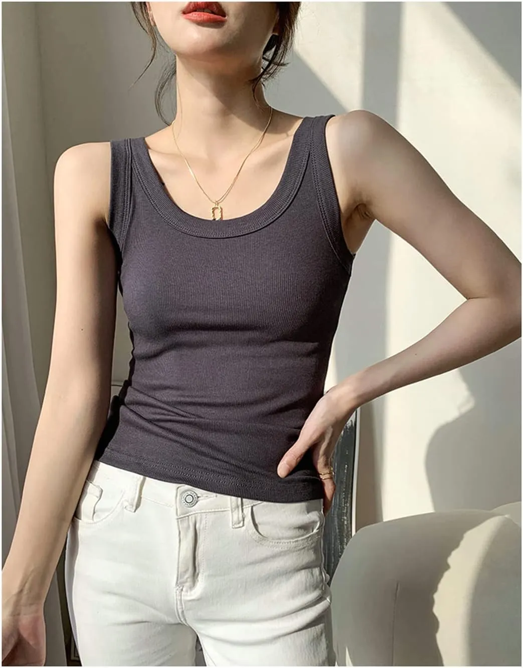 ERFMFKL Rib Knit Tank Top Women Off Shoulder Cropped Basic Shirt Casual Camisole