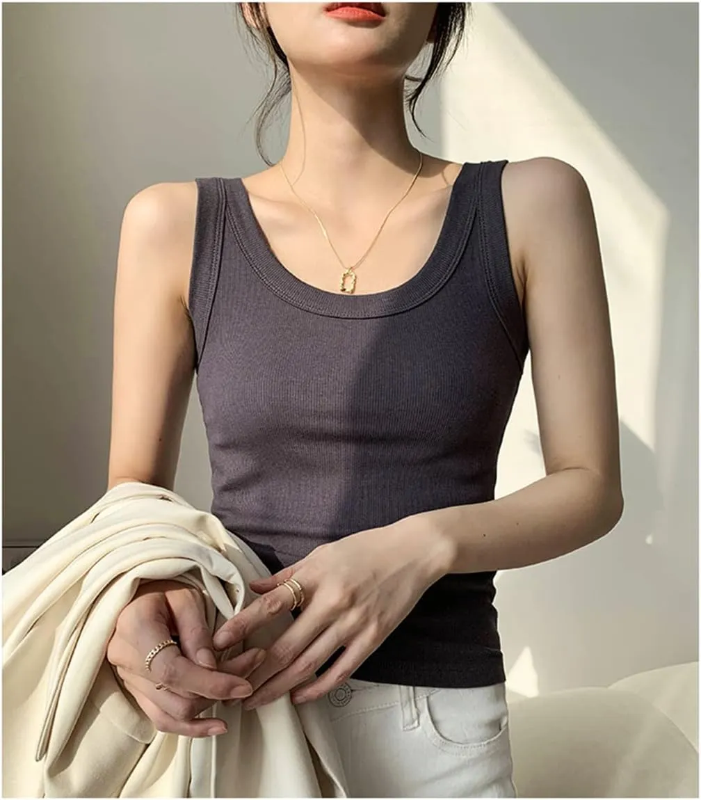 ERFMFKL Rib Knit Tank Top Women Off Shoulder Cropped Basic Shirt Casual Camisole