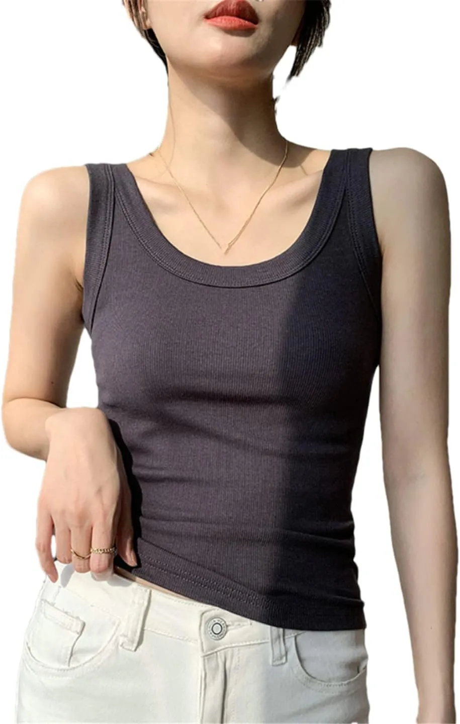 ERFMFKL Rib Knit Tank Top Women Off Shoulder Cropped Basic Shirt Casual Camisole