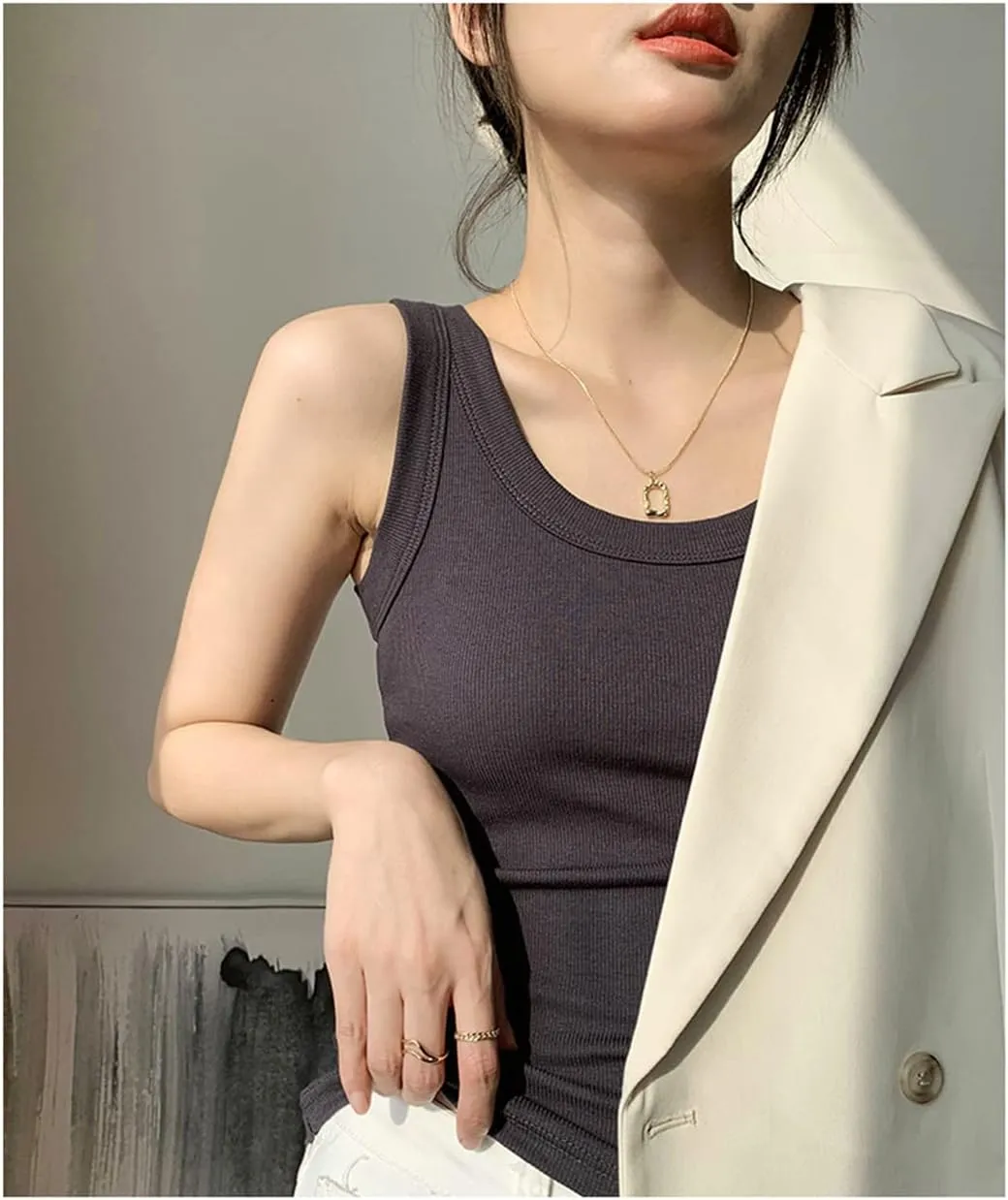 ERFMFKL Rib Knit Tank Top Women Off Shoulder Cropped Basic Shirt Casual Camisole