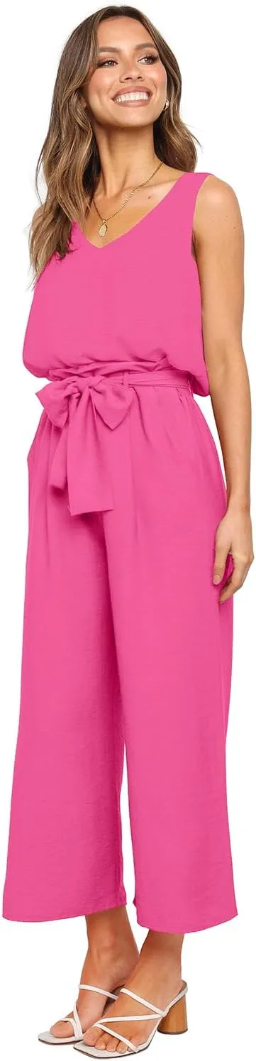FANCYINN Womens 2 Piece Set V Neck Tank Wide Strap Tops High Waisted Cropped Paper Bag Pants with Belt