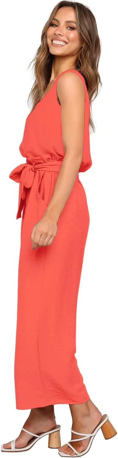 FANCYINN Womens 2 Piece Set V Neck Tank Wide Strap Tops High Waisted Cropped Paper Bag Pants with Belt