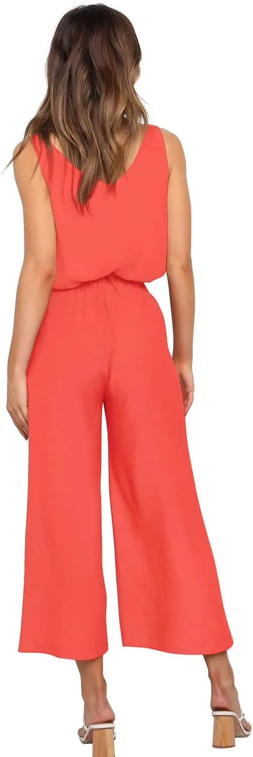 FANCYINN Womens 2 Piece Set V Neck Tank Wide Strap Tops High Waisted Cropped Paper Bag Pants with Belt
