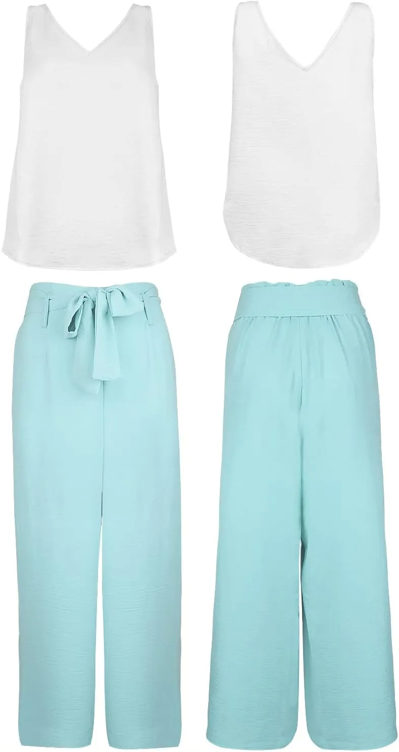 FANCYINN Womens 2 Piece Set V Neck Tank Wide Strap Tops High Waisted Cropped Paper Bag Pants with Belt