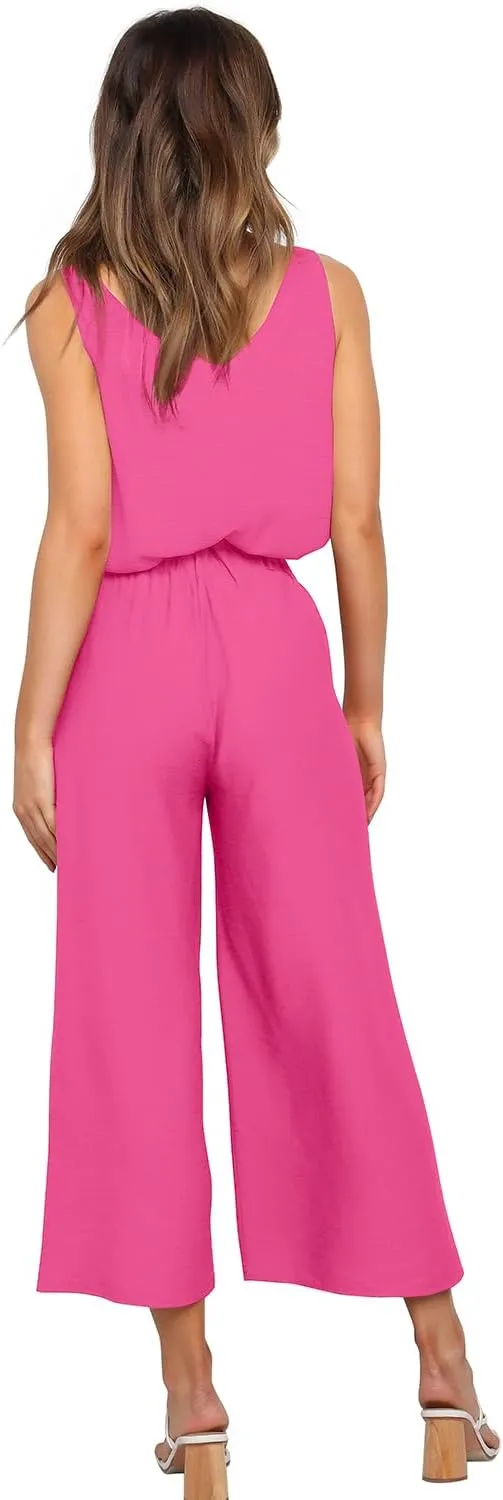 FANCYINN Womens 2 Piece Set V Neck Tank Wide Strap Tops High Waisted Cropped Paper Bag Pants with Belt