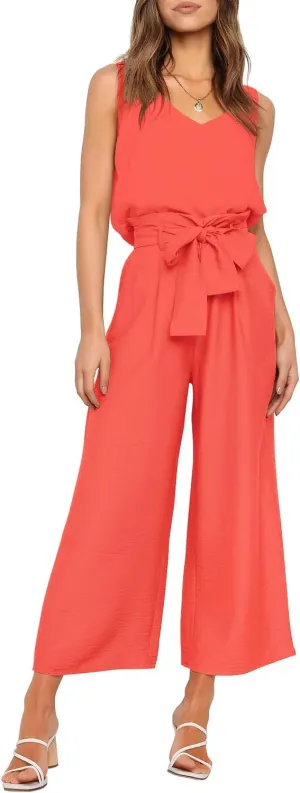 FANCYINN Womens 2 Piece Set V Neck Tank Wide Strap Tops High Waisted Cropped Paper Bag Pants with Belt