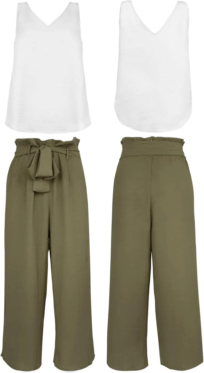 FANCYINN Womens 2 Piece Set V Neck Tank Wide Strap Tops High Waisted Cropped Paper Bag Pants with Belt