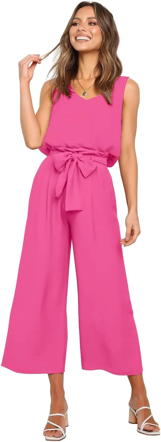 FANCYINN Womens 2 Piece Set V Neck Tank Wide Strap Tops High Waisted Cropped Paper Bag Pants with Belt