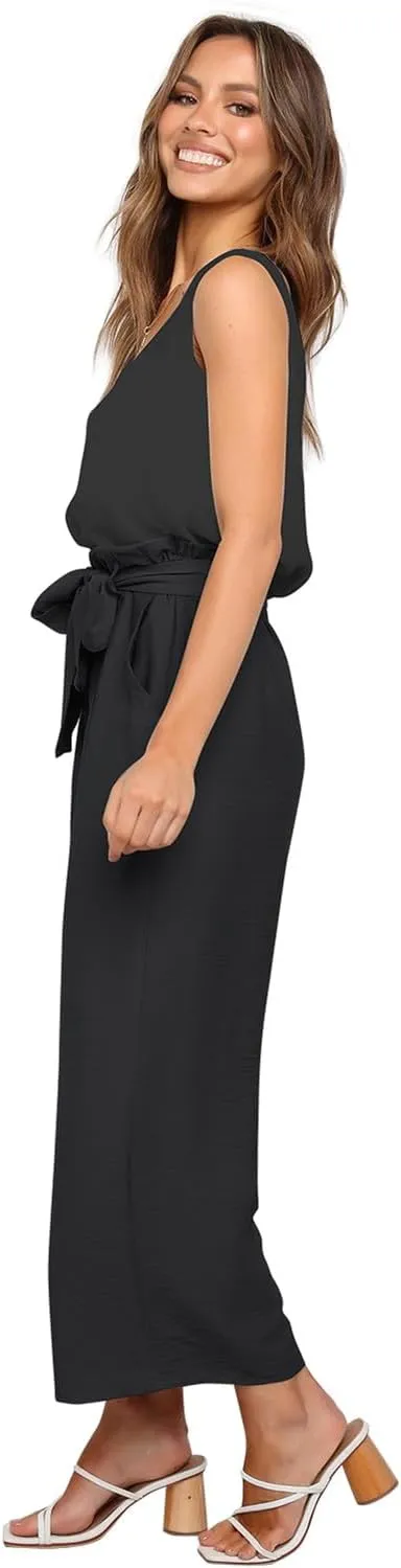 FANCYINN Womens 2 Piece Set V Neck Tank Wide Strap Tops High Waisted Cropped Paper Bag Pants with Belt