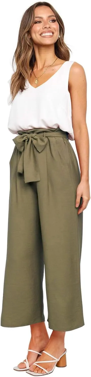 FANCYINN Womens 2 Piece Set V Neck Tank Wide Strap Tops High Waisted Cropped Paper Bag Pants with Belt