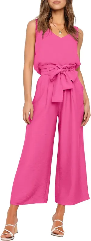 FANCYINN Womens 2 Piece Set V Neck Tank Wide Strap Tops High Waisted Cropped Paper Bag Pants with Belt