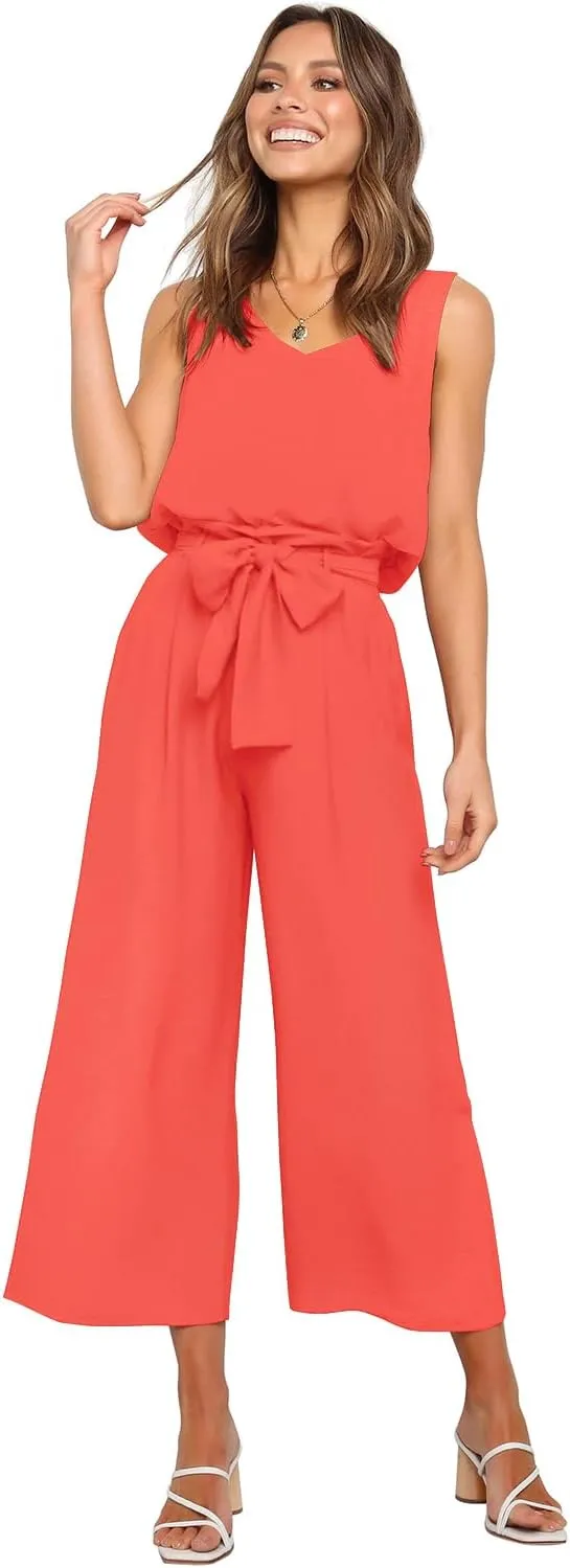 FANCYINN Womens 2 Piece Set V Neck Tank Wide Strap Tops High Waisted Cropped Paper Bag Pants with Belt