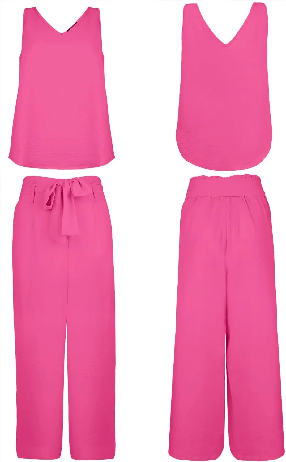 FANCYINN Womens 2 Piece Set V Neck Tank Wide Strap Tops High Waisted Cropped Paper Bag Pants with Belt