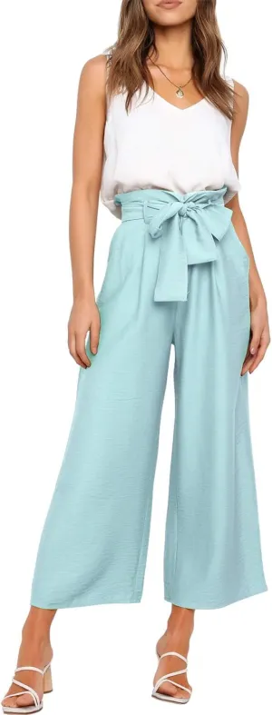 FANCYINN Womens 2 Piece Set V Neck Tank Wide Strap Tops High Waisted Cropped Paper Bag Pants with Belt